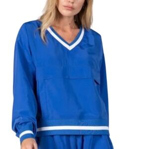 LaBiz Blue Varsity Set Windbreaker Pullover V-Neck Striped Trim Womens Small NEW